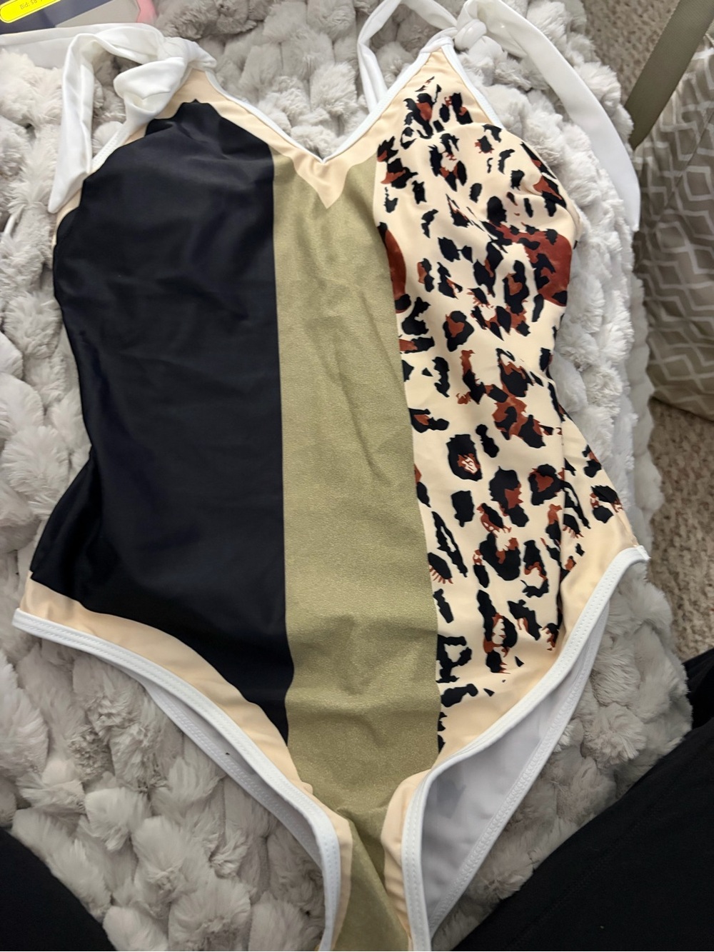 Colorblock Leopard One-Piece Swimsuit - Black, Olive, Cream Lg w cover up